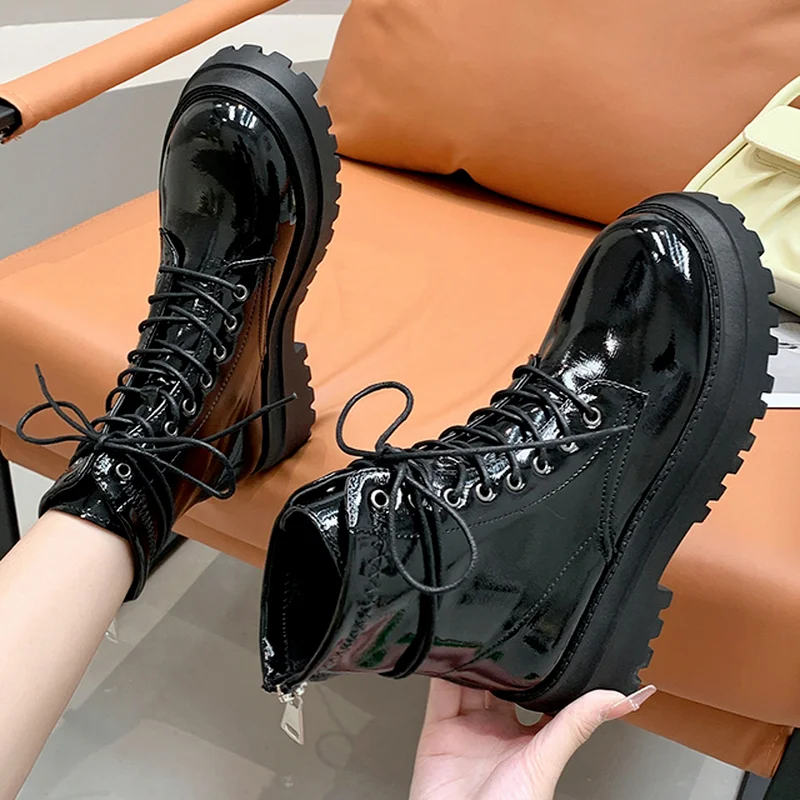 

2022 Patent Leather Round Toe Women's Black Ankle Boots PU Leather Platform Women's Shoes Cross-tie Thick Motorcycle Boots Mujer