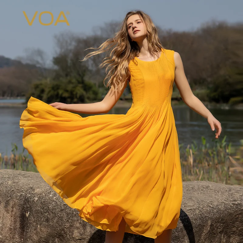 

VOA Elegant Folds Garment Sleeves Georgette Silk Woman Dress Sweet Superme Yellow Summer Office Ladies Long Dresses New AE1213