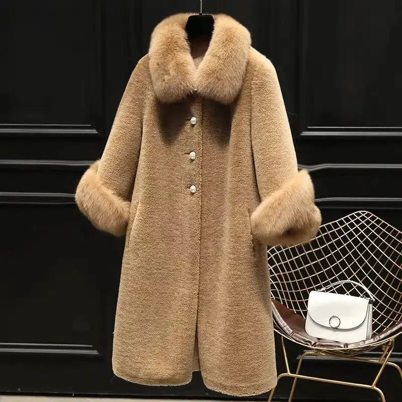 2023 Autumn Winter Faux Fur Coat Women Imitation Sheep Shear Mid-Length Big Hair Collar Loose Warm Particles Fluffy Coats Female