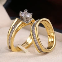 new luxury trendy 2 pc sets gold geometric rings for women shine white cz stone inlay fashion jewelry wedding party gift ring