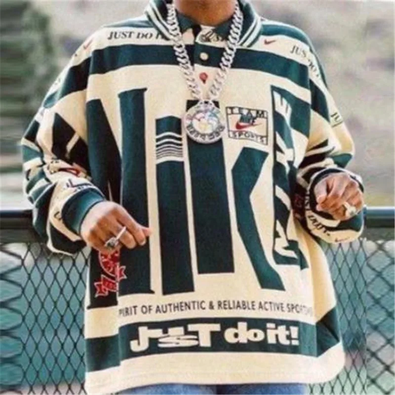 

Рубашка-поло мужская с длинным рукавом, дышащая хлопковая модная уличная одежда с принтом надписи, свободного покроя, для отдыха, весна-осен...