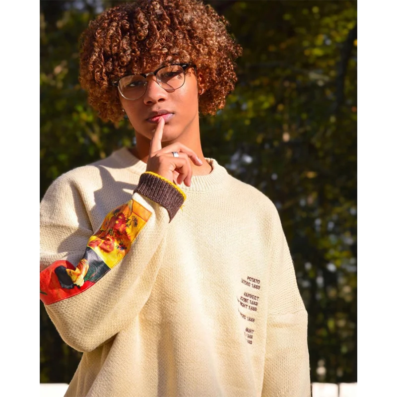 2023 Mens Japanese Harajuku Retro Sunflowers & Self-portrait of Van Gogh Sweater Sweater Y2K Autumn Loose Hip Hop Streetwear