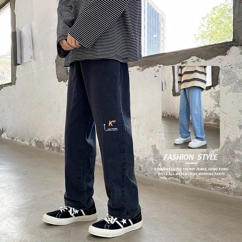 

Korean Fashion Men Wide Leg Jeans Hip Hop Printing Black washed blue Streetwear Straight Baggy Denim Pants Male Brand Trousers