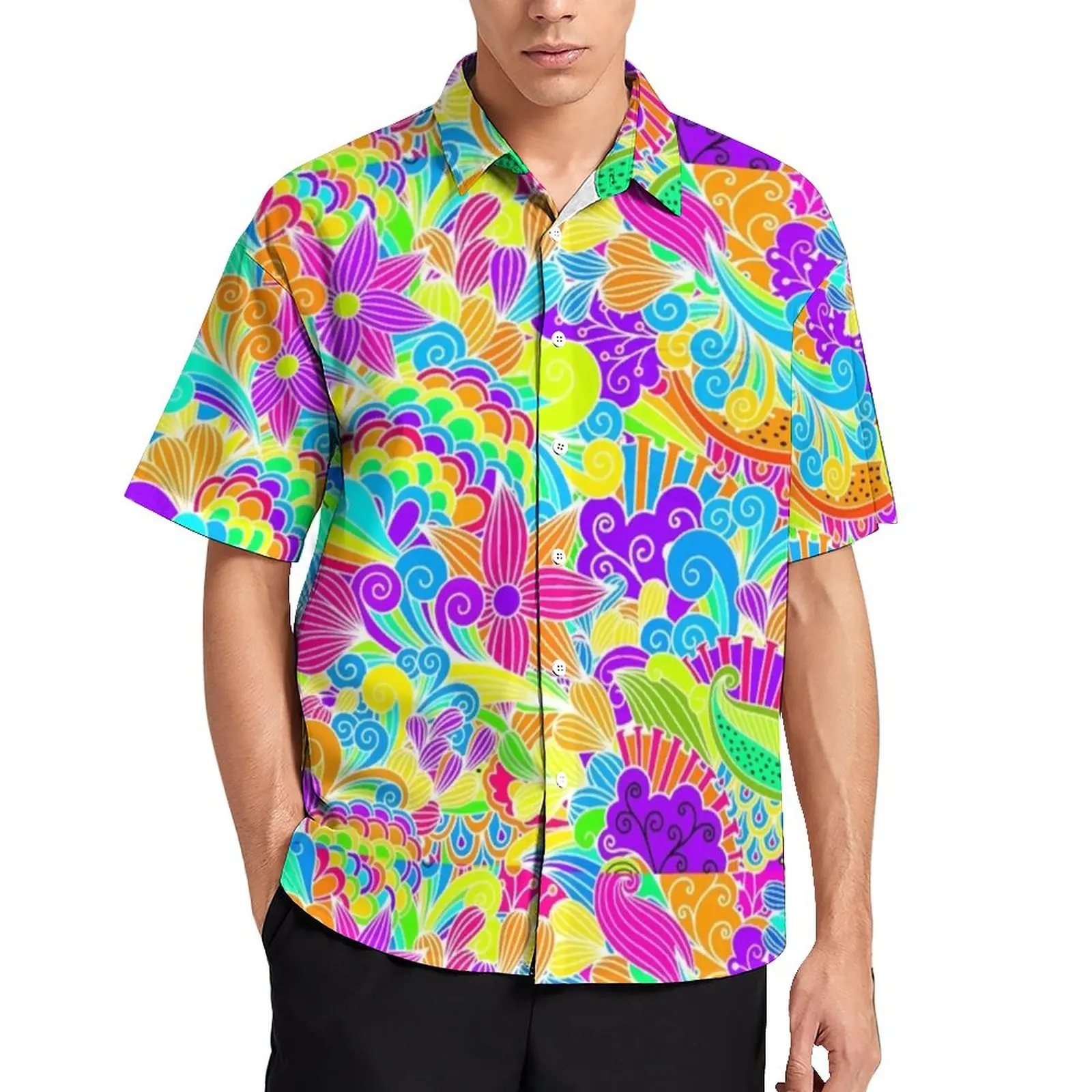 

Colorful Hippy Beach Shirt Mens Retro Floral Print Casual Shirts Summer Short Sleeve Graphic Vintage Oversized Blouses Gift Idea