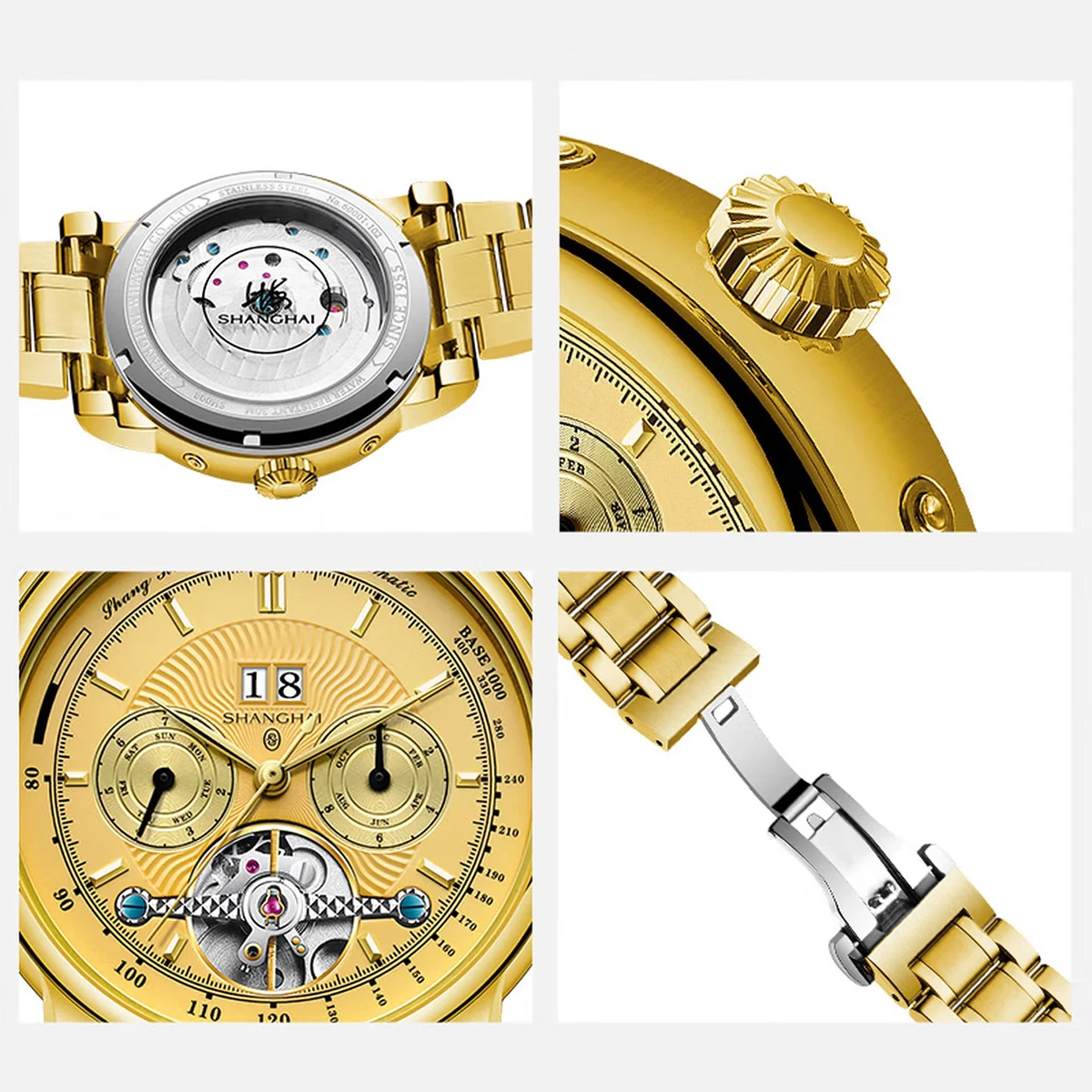 Фото Многофункциональные мужские часы Shanghai Watch с двойным календарем, автоматические механические часы с маховиком, из нержавеющей стали 316L, модель SH008 №4