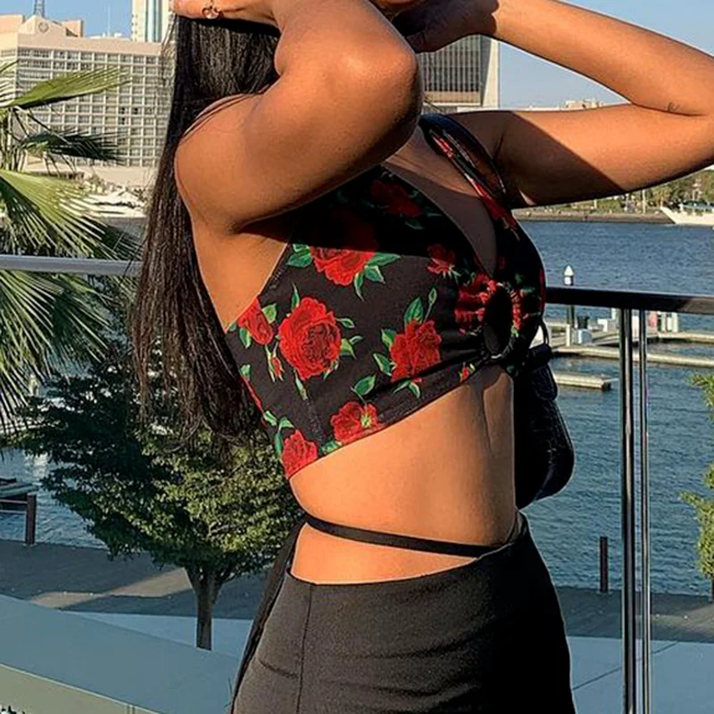 

Vintage Floral Halter Strap Slim-fit Deep V-neck Halter Crop Top Y2k Aesthetic Halter Beach Party Rose Print Chest Wrap Summer