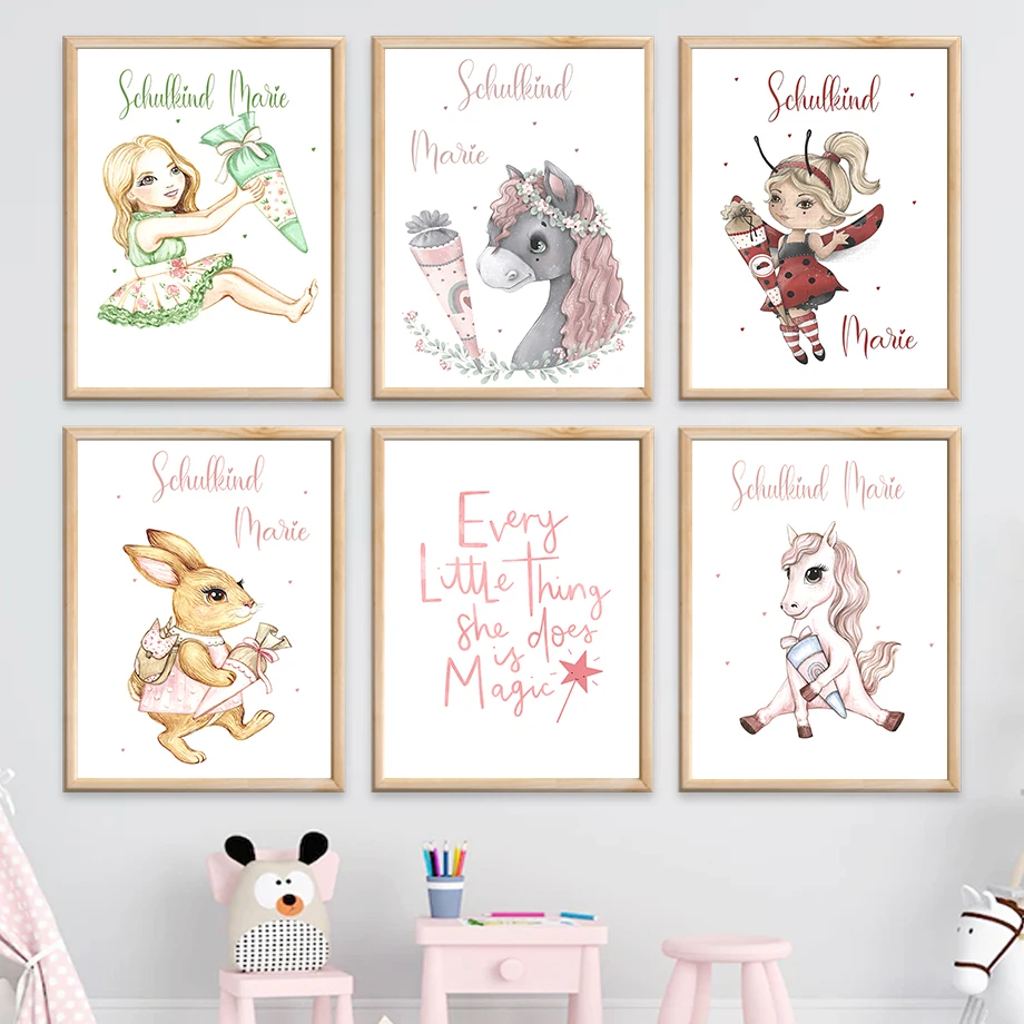 

Cartoon Cute Beetle Girl Bunny Pink Horse Candy Wall Art Canvas Painting Nordic Posters And Prints Wall Pictures Kids Room Decor
