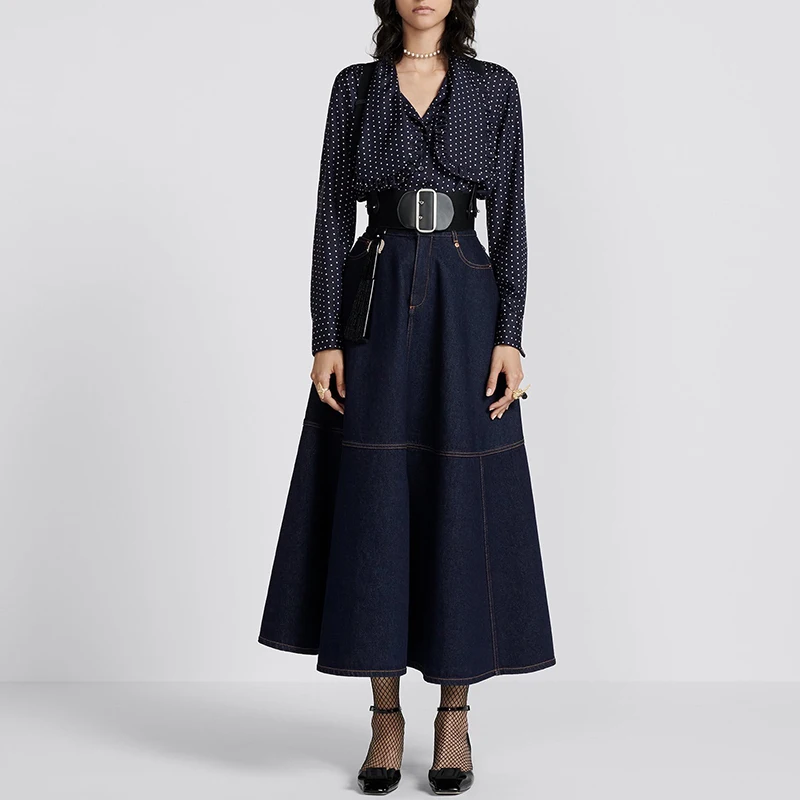 

23 New Denim Skirt Women Vintage Blue High Waist A-line Long Jean Skirt 100% Cotton Fashion Pockets Casual Elegant Loose Skirts