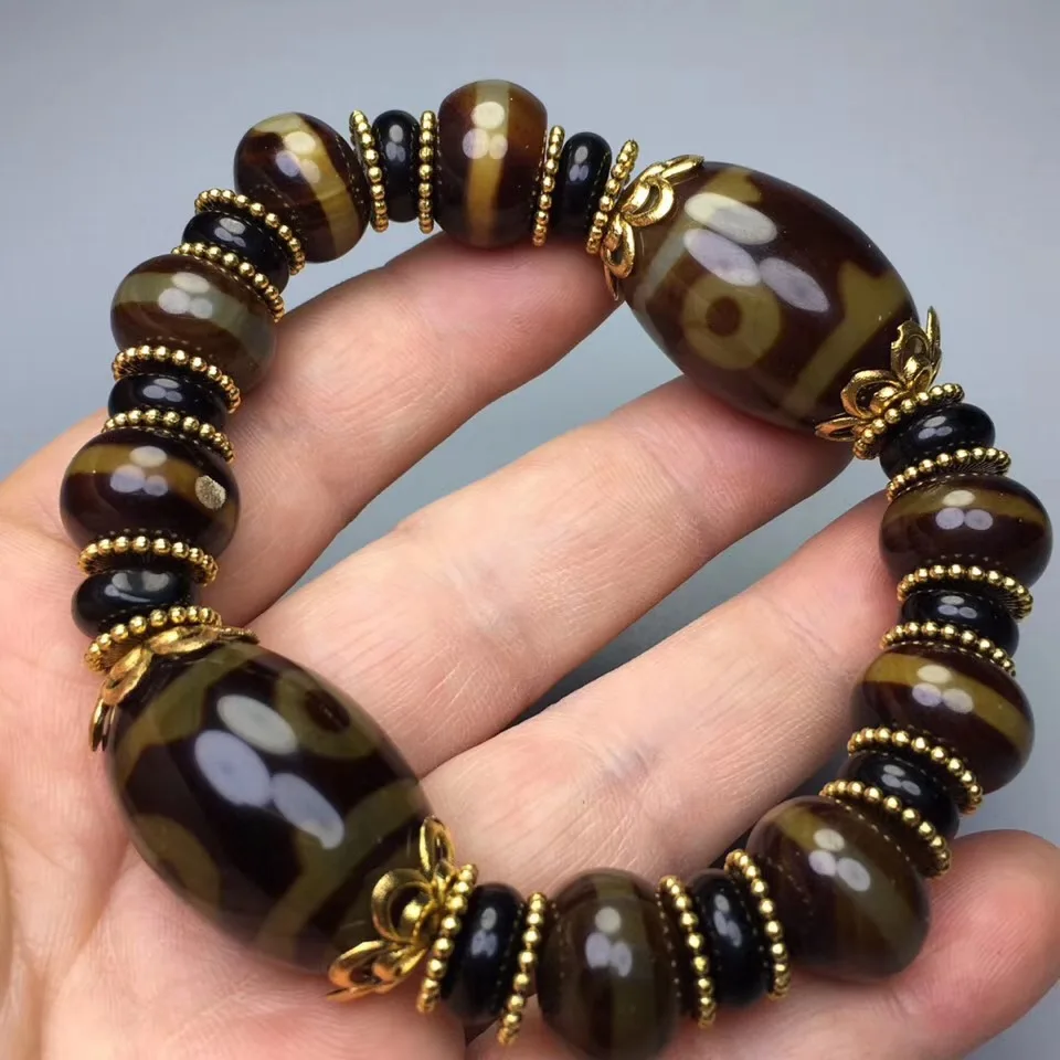 

Natural Tibetan Agate Permeates Three Eye Wiring Beads, Old DZi Bracelet, Popular Simple Bracelet for Men and Women