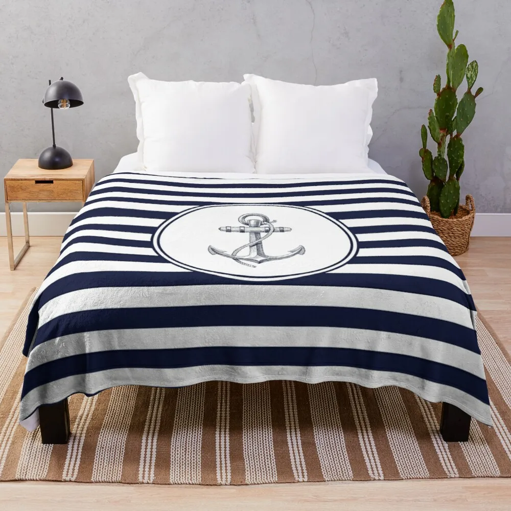 

Anchor and Navy Blue Stripes Throw Blanket Large knit plaid