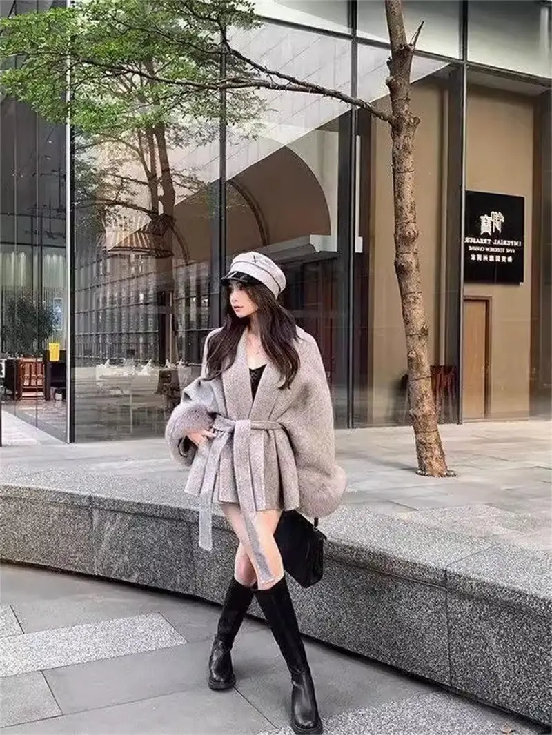 Женская шерстяная куртка на завязках свободная короткая модная в стиле пэчворк с