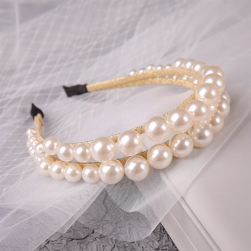 

Handmade Big Simulated Pearls Hairbands Fashion Women Hair Accessories Headband Head Jewelry Two Hairband Gold Headpiece