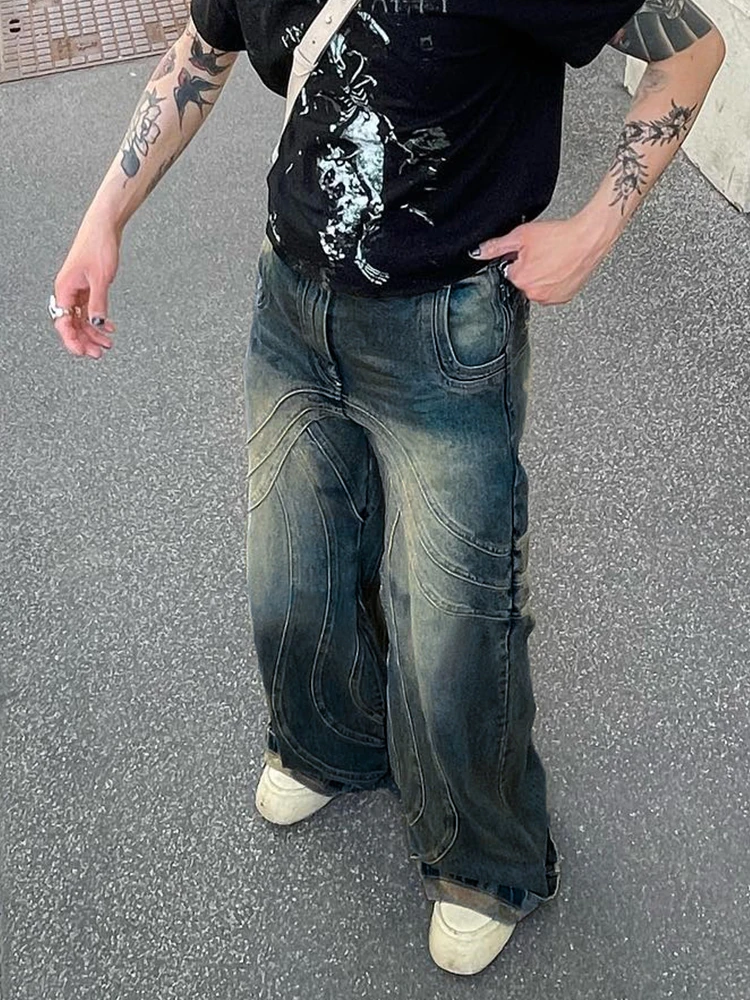 2023 Retro Blue Baggy Jeans Men'S Jeans, Y2k Hip Hop Street Casual Pants Loose Wide Leg Splice Pants Multi-Pocket Sweatpants