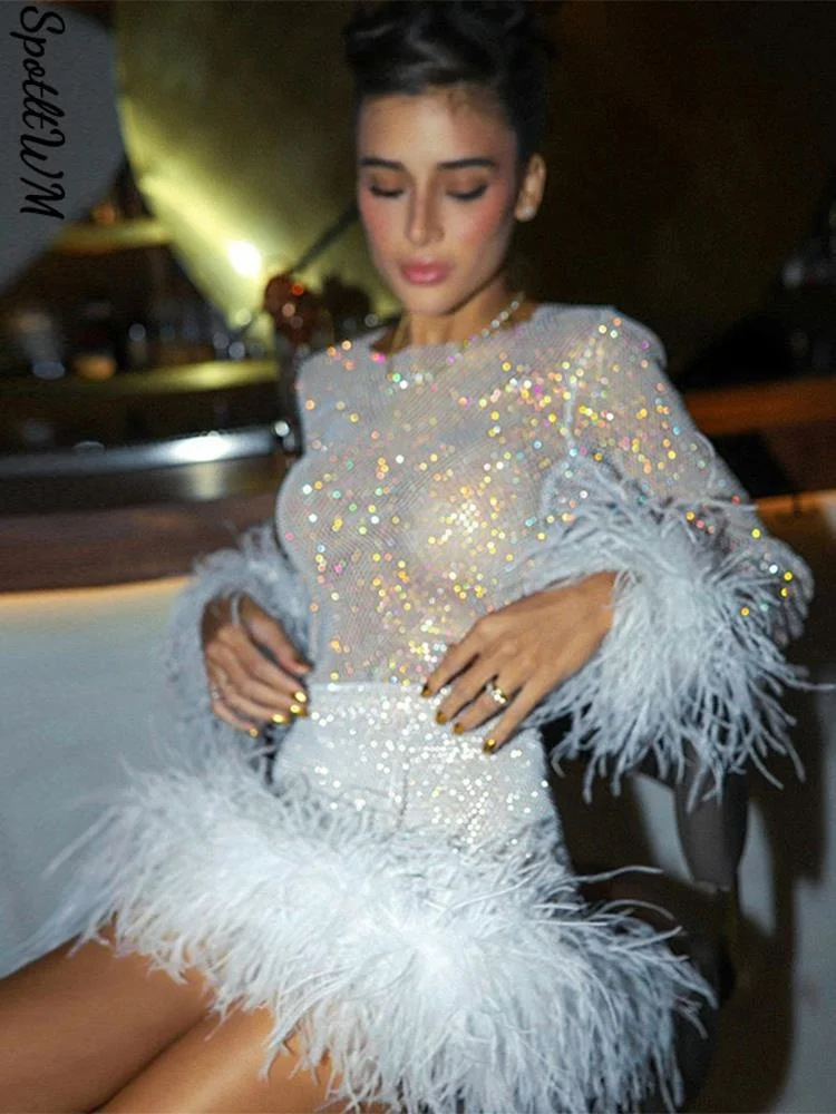 

Feather Mesh Rhinestones Blouse Mini Skirt Suits Women Sexy Shinny Club Party Two Piece Set Female See Through Evening Outfit