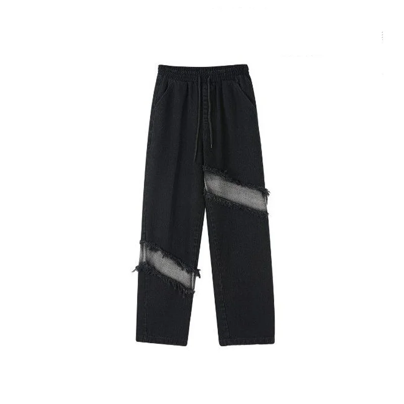 DEEPTOWN Gothic Patchwork Jeans Men Ripped Black Denim Pants Male Vintage Straight Trousers Streetwear Hip Hop Fashion Spring