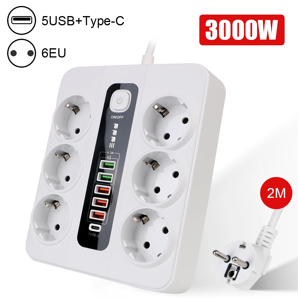 

Удлинитель с европейской вилкой и USB Type-C, 3000 Вт, 2 м