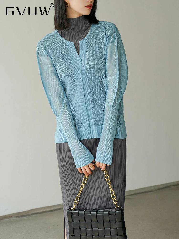 

Женская плиссированная сетчатая рубашка GVUW, однотонный тонкий однотонный топ с длинным рукавом и круглым вырезом, лето-осень 2023, 17D2219