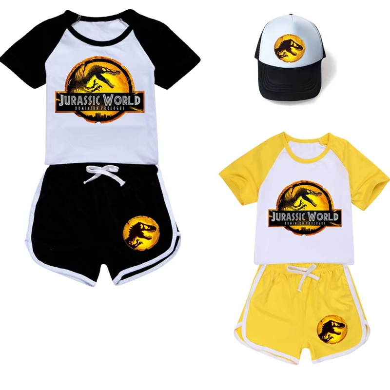 

Kids New Dinosaur Boys T-shirt Jurassic world Cartoon Pullovers Leisure Fashion Children Girls T-shirt+Pants Hat Summer Outfits
