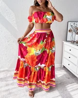 womens 2 piece long skirt set sexy straight neck floral print off shoulder lantern sleeve blouse and skirt set