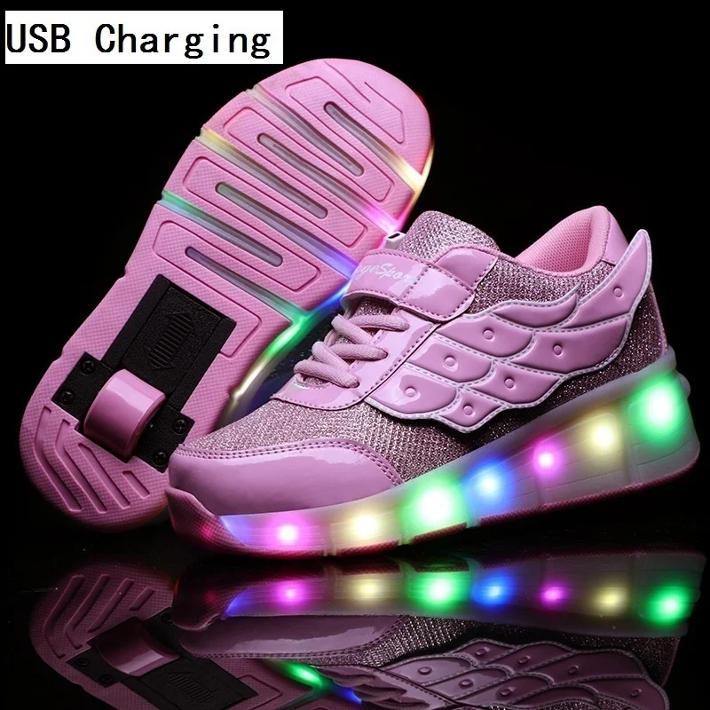 USB Charging Children Luminous Glowing Sneakers Gold Pink Led Light One Two Wheels Roller Skate Shoes Kids Led Shoes Boys Girls