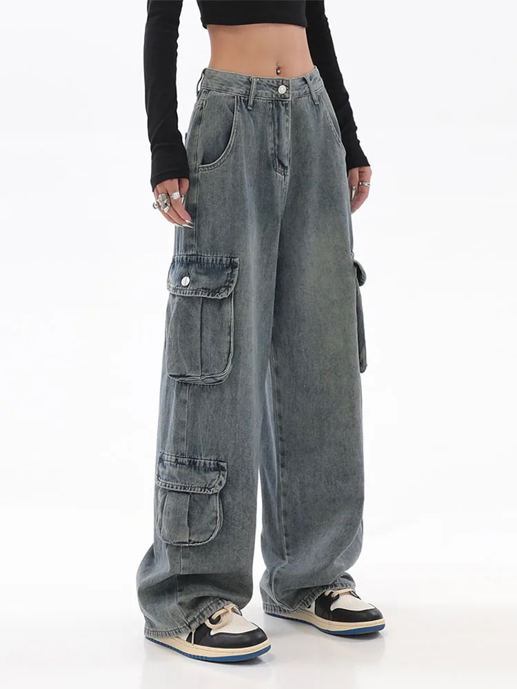 

Women's Blue Cargo Pants Casual Hippie Denim Trousers Baggy Low Waist Mom Jeans Vintage Y2k 90s Grunge Streetwear Tide