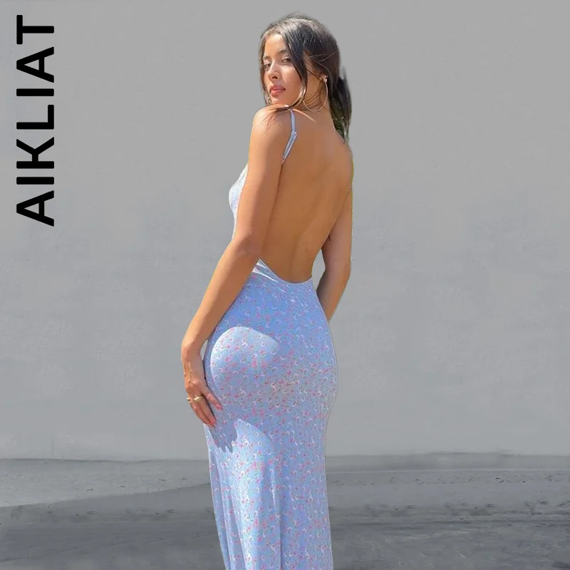 

Aikliat Fashion Dress Women Cheap Sweet Dress Flower Print Slip Sleeveless Backless Slim Sexy Maxi Dress Simple Female Vestidos