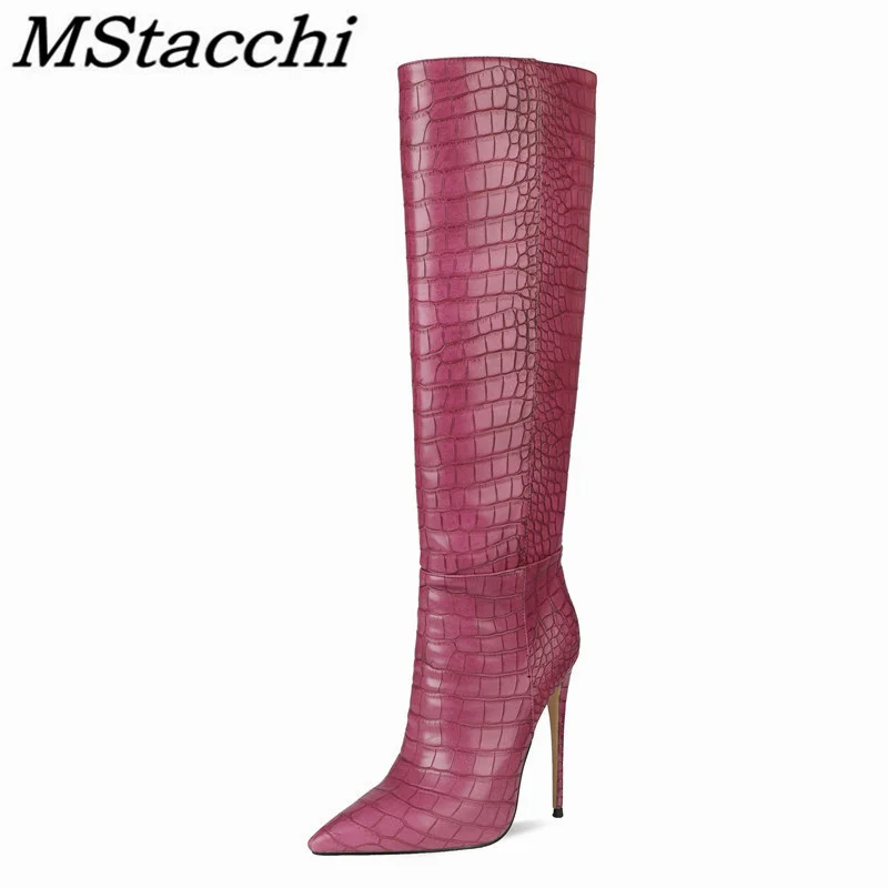 

New Custom Colors Pointed Women High Heel Boots Solid Color Crocodile Pattern Fine Heel Rubber Sole Madam Shoes Botas Mujer