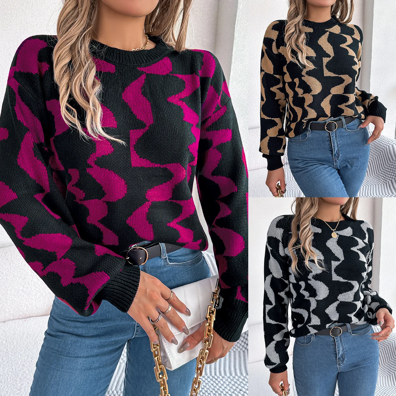 

Europe America Autumn Winter Casual Sweater Womens Round Collar Long Sleeves Stripe Pullover Knitted Acrylic Jumpers Sweaters