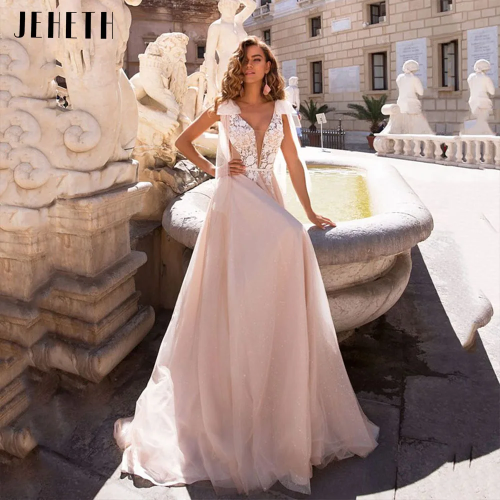 

JEHETH Bow Straps Deep V-Neck Glitter Tulle Wedding Dress Bohemian Sparkly Backless Lace Appliques A Line Beach Bridal Gown 2023