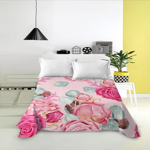 Комплект постельного белья с принтом розовых роз, романтичное постельное белье с цветочным принтом, простыня из полиэстера с цветами, для двуспальной и двуспальной кровати