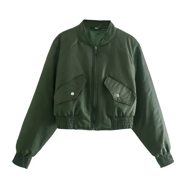 

New2022 Womens Autumn Winther Fashion Za Green Short Outwear Chic Lady Long Sleeve Pockets Solid Bomber Jackets 2021 Girls Coats