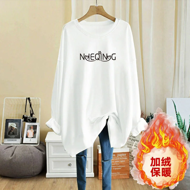 

Spring Plush Letter Print Oversized Long Sleeved T-shirt Women's Loose White Bottomed Shirt Large Size Casual Vintage Simple Top