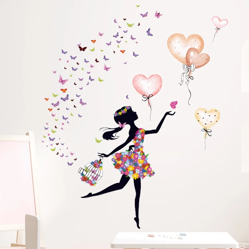 Beautiful Flower Girl with Butterfly Heart Shape Balloon Wall Stickers for Girl Bedroom Living Room Home Decorative Stickers PVC