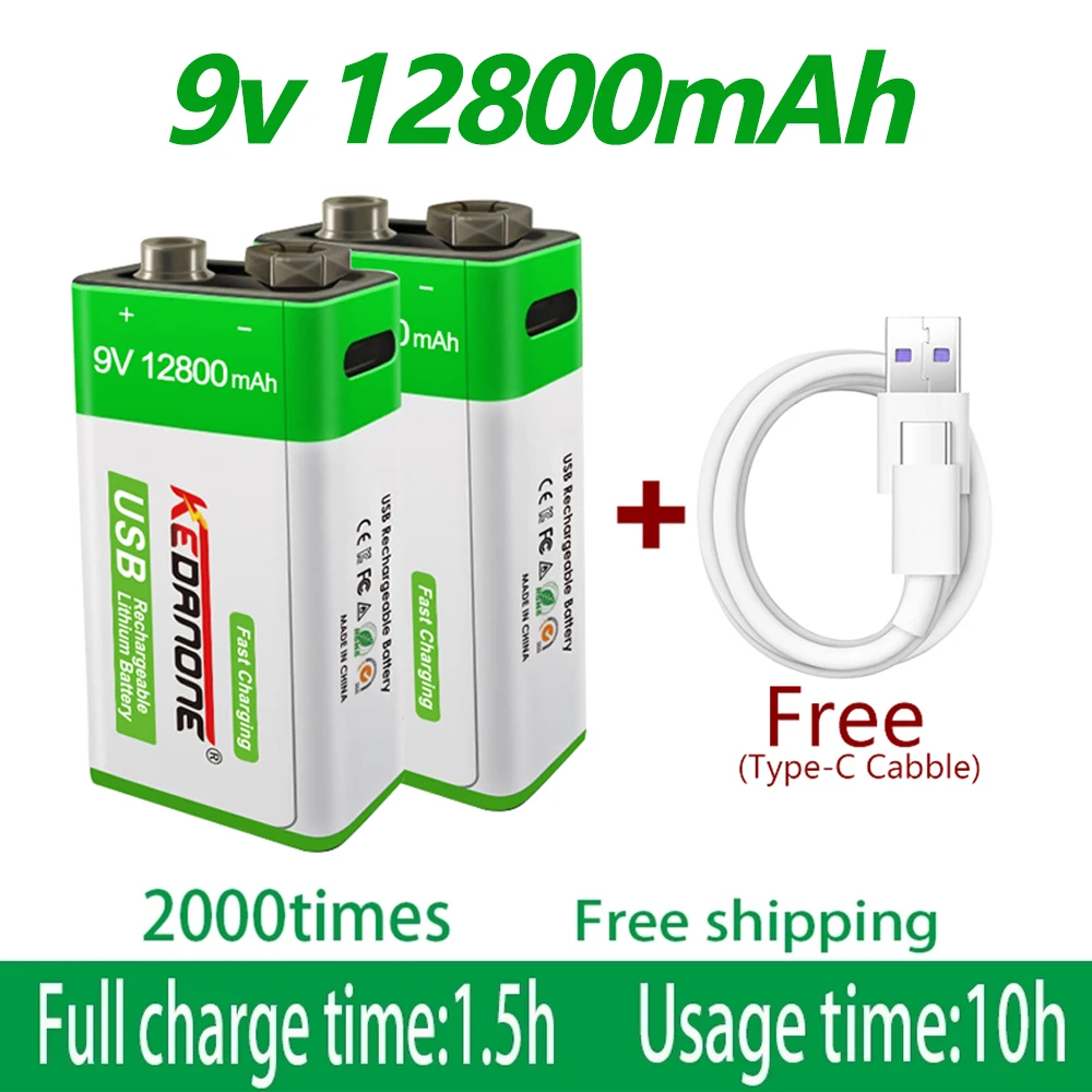 

9V 12800mAh battery li-ion Rechargeable battery Micro USB Battery 9v lithium for Multimeter Microphone Toy +USB charging cable