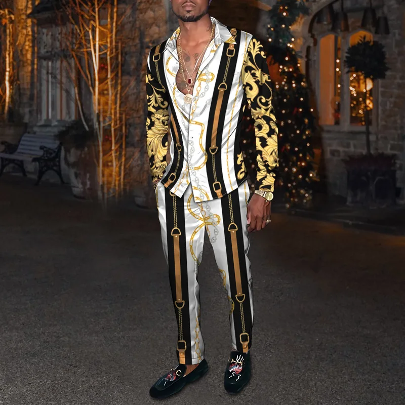 2023 Spring Men's Party Dress Shirt Pants Suit Fashion Brand 3D Vertical Bar Graph Cardigan Slacks Oversized S-4XL Men Clothing