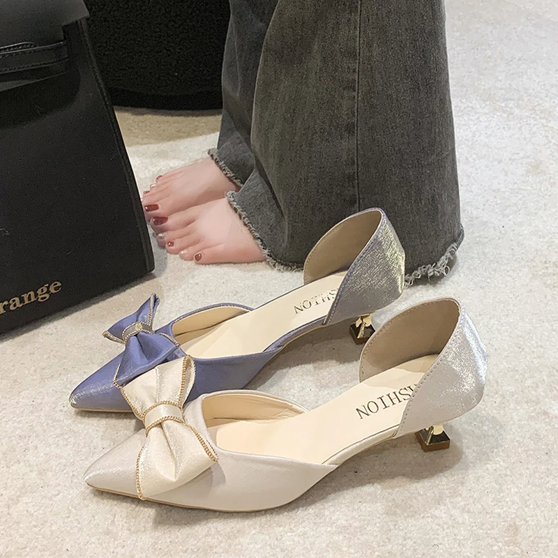 

Fashion Pointed Toe Bow Mid Heels Sandals 2023 New Women Summer Shoes Casual Party Dress Shoes Slippers Ladies Zapatos Slides