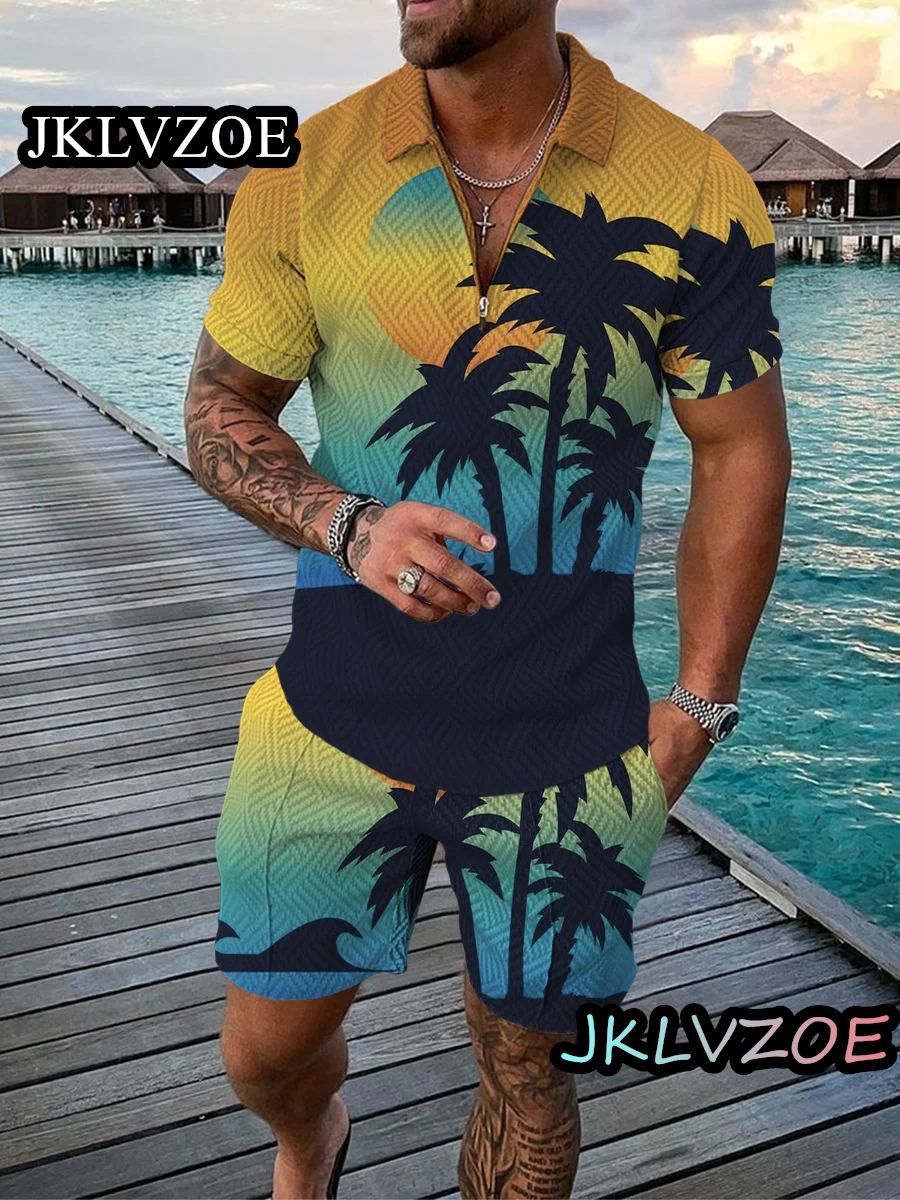 Hawaiian Men Tracksuit Coconut Tree 3D Printed Clothing Beach Fashion Casual 2 Piece Summer Short Sleeved Polo Shirt Shorts Set