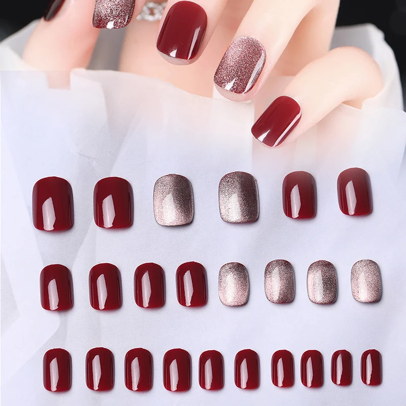 

24PCS Glitter Fake Glossy Wine Red Short False Suitable Fairy Decor Wearable Finished Piece Rhinestones Sweet Style Long