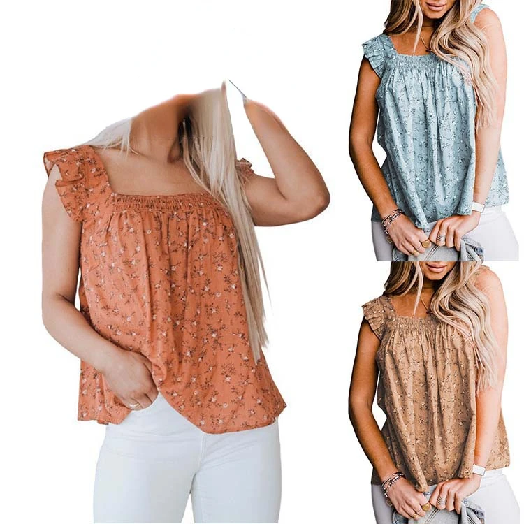 

2022 Summer New Fashion Casual Women's Floral Small Vest Square Neck Pullover Loose Sleeveless Top