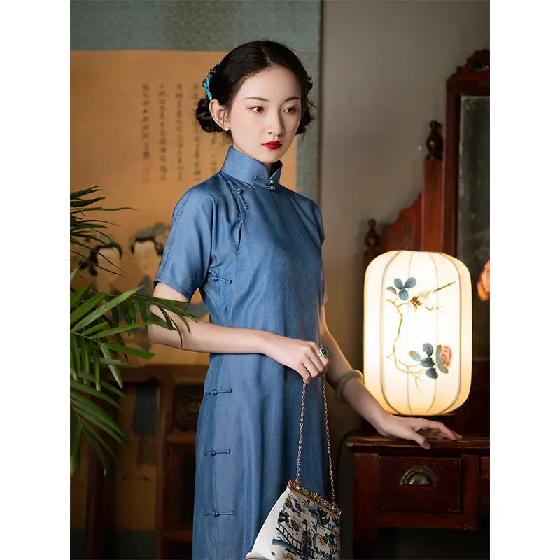 

2022 Summer Improved National Chinese Style Blue Long Cheongsam Dress Temperament Elegant Retro Slim Traditional Late Qing Qipao
