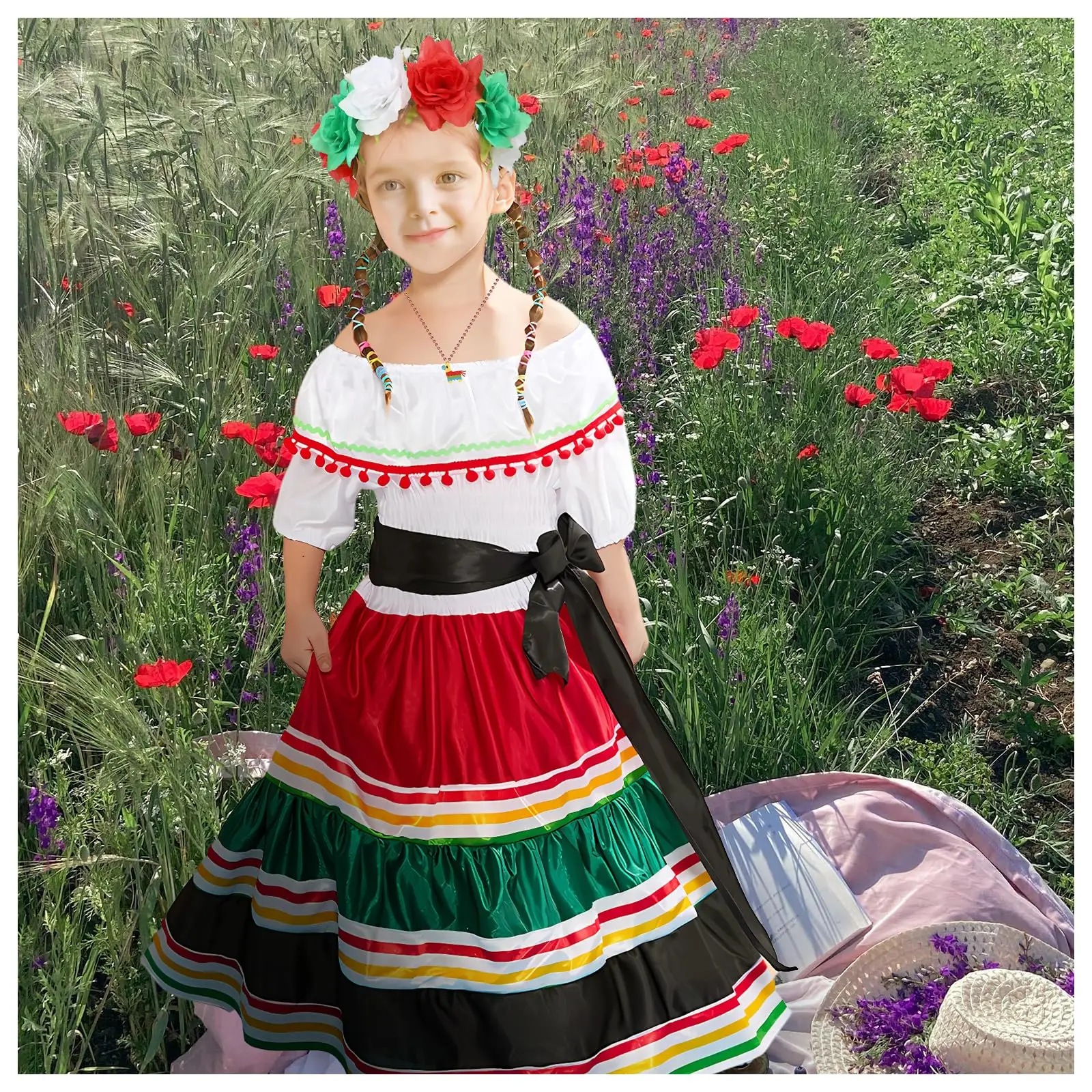 Фото Мексиканское платье для девочек, платья Cinco De Mayo, традиционная танцевальная юбка Folklorico, праздничный костюм, комплект мексиканского платья Fiesta №4
