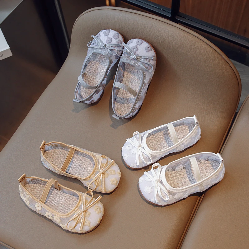 

Туфли Мэри Джейн для девочек, детские туфли принцессы на плоской подошве с бантом, сетчатые детские мокасины с эластичным ремешком, новинка 2023