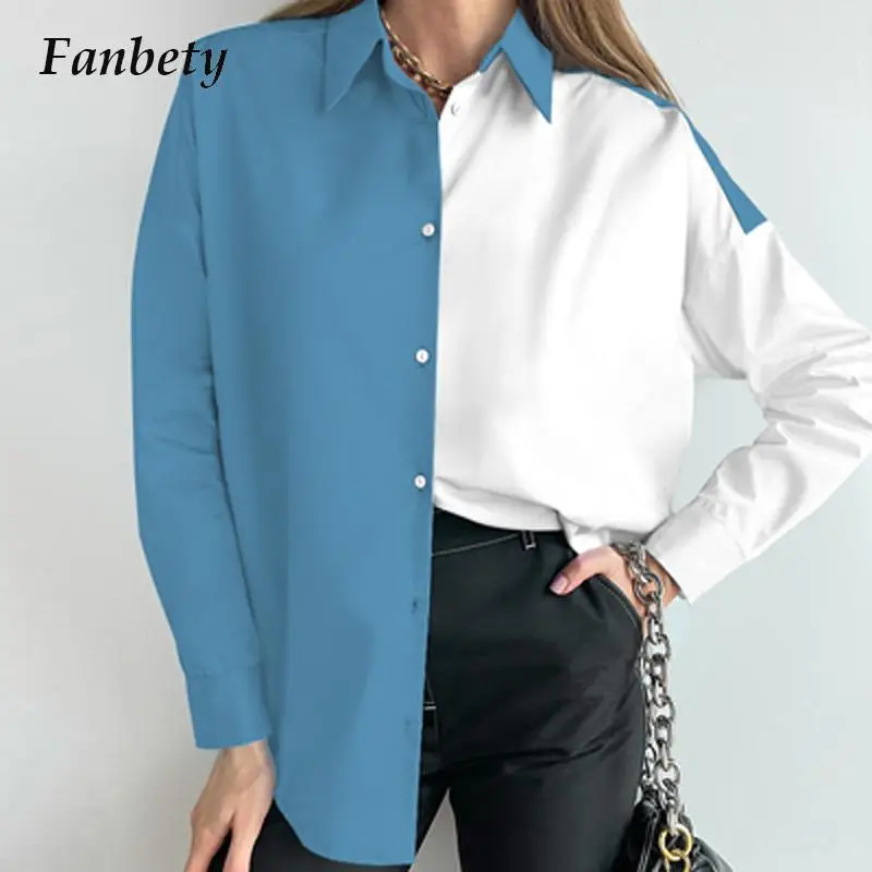 

New Autumn Office Lady Casual Contrast Shirts Blouses Spring Lapel Long Sleeve Shirt Fashion Women Single-breasted Cardigan Tops