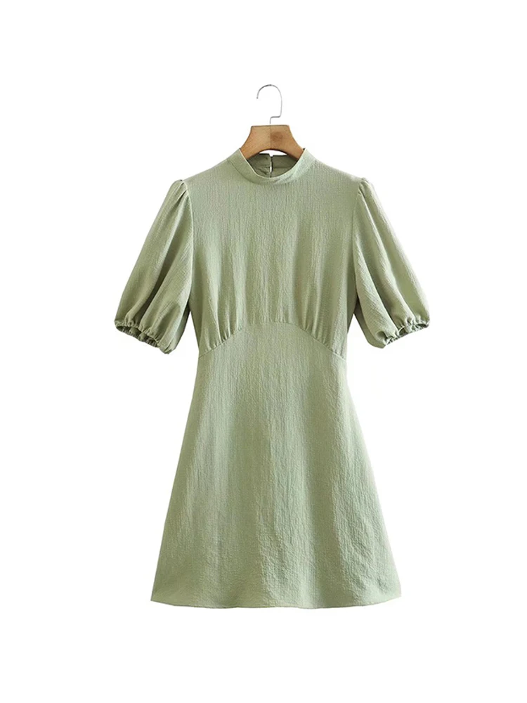 

Women Army Green Puff Sleeve Dress Summer Backless O-neck A-line Mini Dresses 2022 vestidos