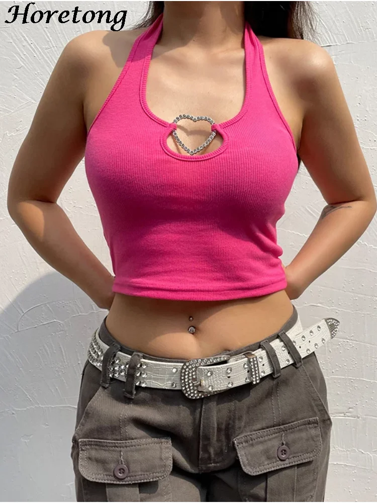 

Horetong Hot Girls Sexy Halter Crop Tops Women Summer Sleeveless Solid Hollow Out Simple Tank Top Ribbed Casual Streetwear