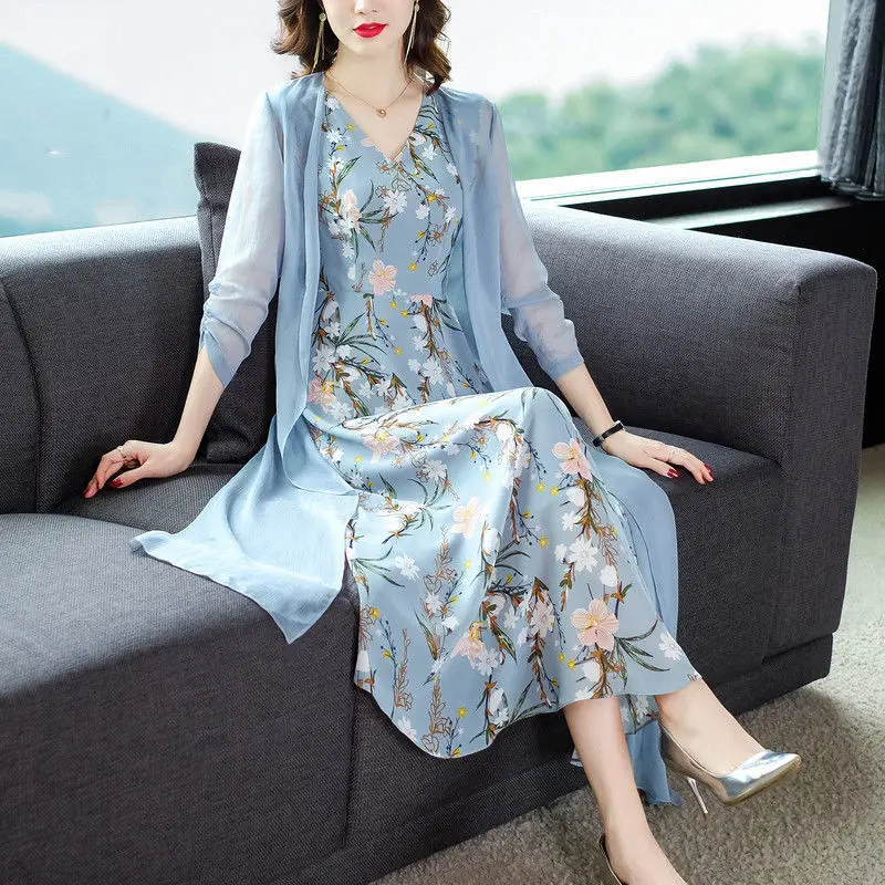 

Mother Dress Summer Dress Vintage Middle-aged and Elderly Womens Chiffon Flower Printed Loose Covering Belly Western Style C54