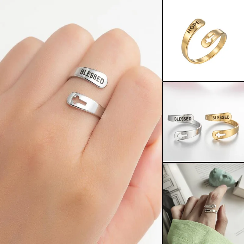

2022 Vintage English Letter Couple Ring Open Cross Geometric Love Ring Stainless Steel Jewelry