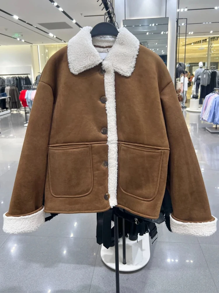 

FTLZZ New Autumn Winter High Street Thick Faux Leather Lamb Fur Jacket Women Vintage Loose Single Breasted Warm Short Fur Coat