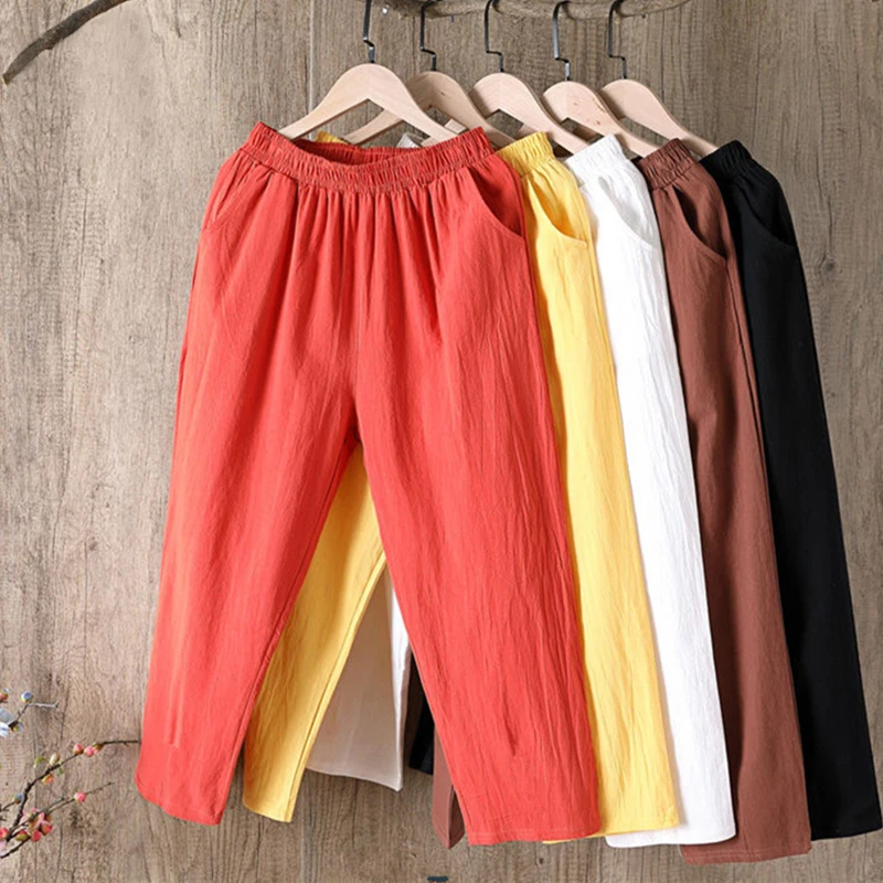 Spring/Summer Fashion Network Red Cotton Hemp Crop Halen Pants for Women Solid Loose Elastic Waist Slim Radish Versatile