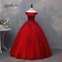 2022 red elegant off the shoulder boat neck prom dresses tulle appliques sequins women formal party gown quinceanera dresses